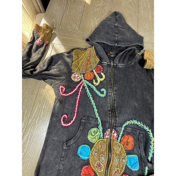 Nepal Embroidered Hoodie Jacket Womens XL Black Boho Festival Handmade Artsy - Picture 7 of 14